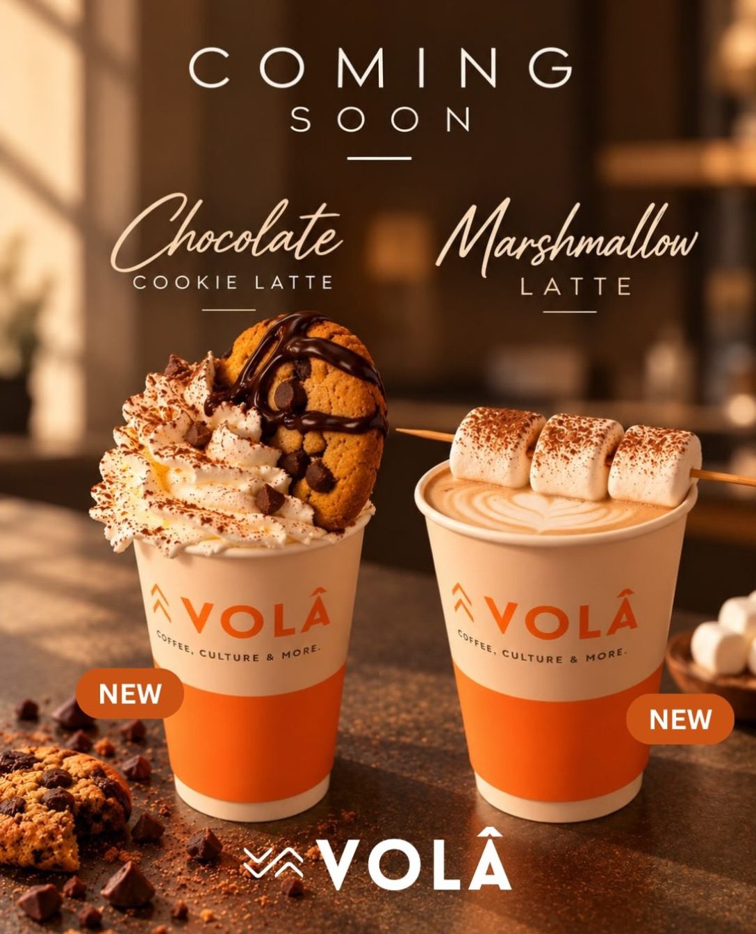 Chocolate Cookie Latte and Marshmallow Latte in Volâ cups